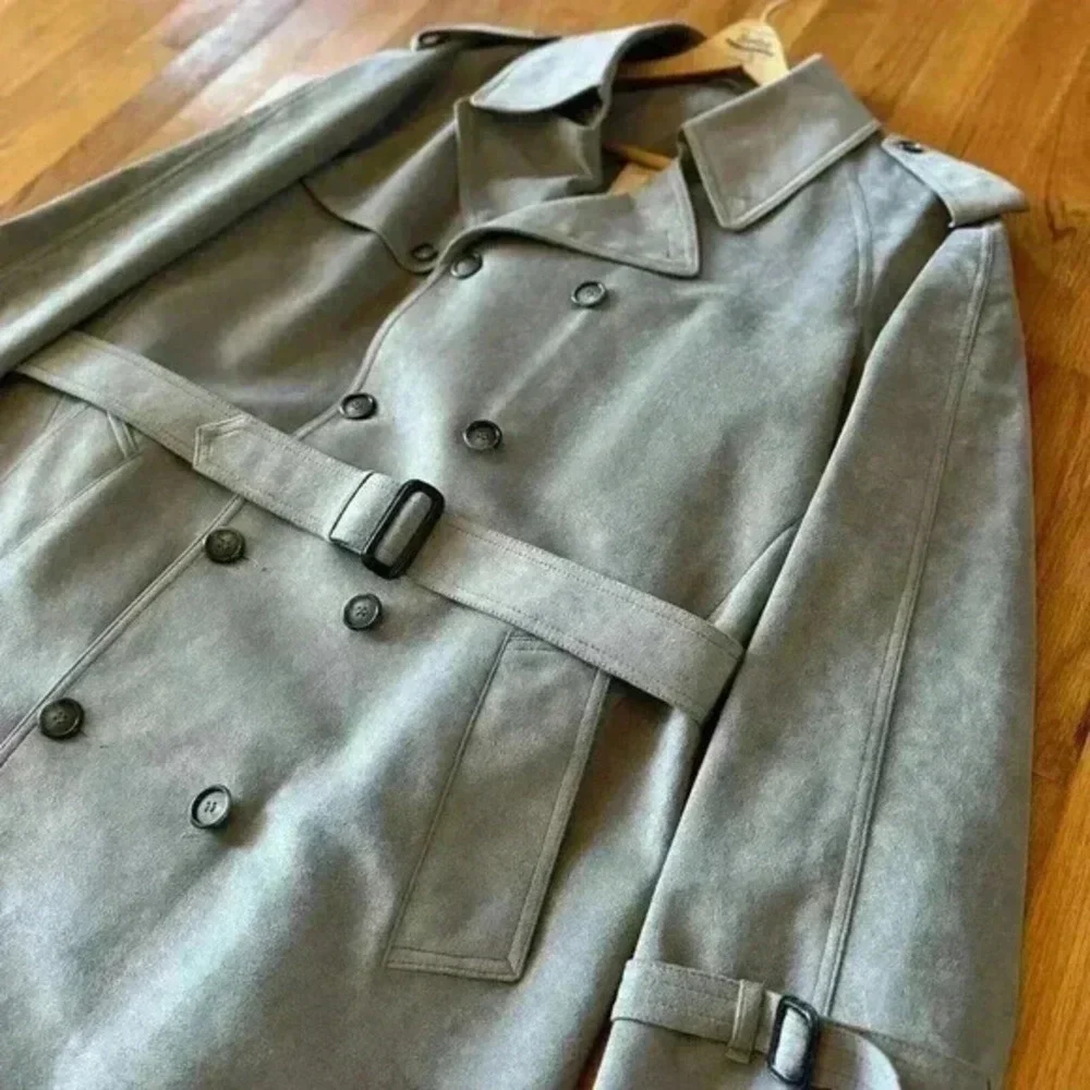 Jeffrey Bank‎ for Lakeland Alcantara Grey Suede Trench Coat 46L Vintage 1990